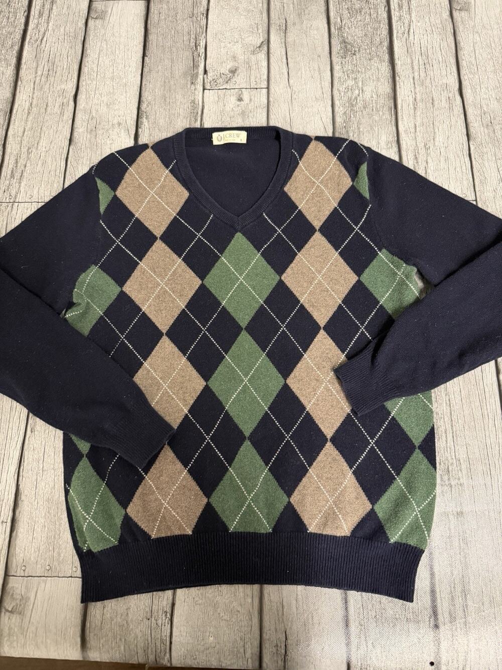 Men’s J. Crew Argyle Sweater Cashmere Blend Navy/Green/Tan Long Sleeve Sz Small